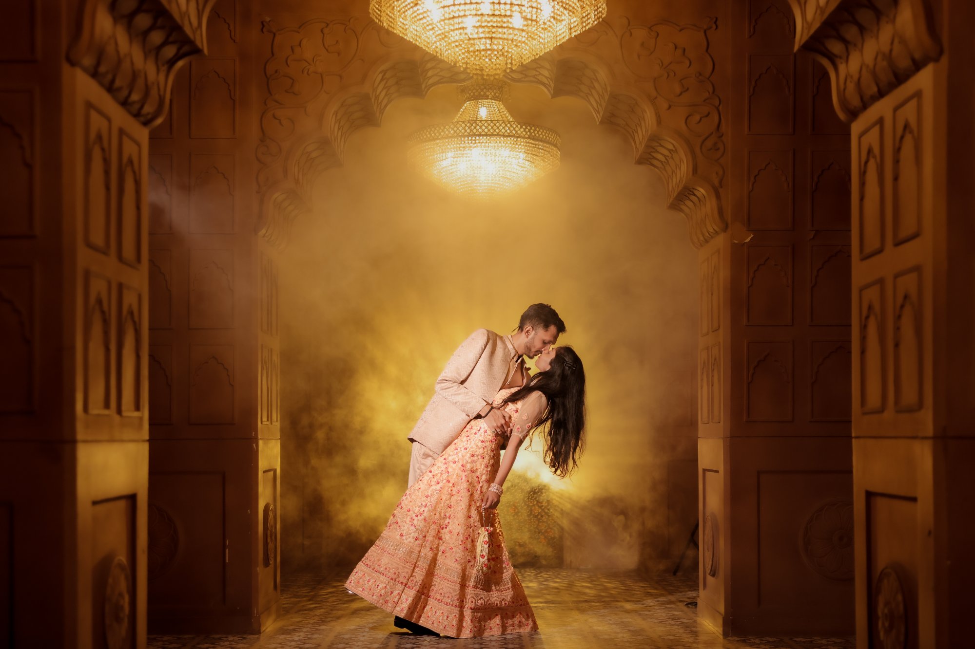 Wedding Couple Dip Kiss Golden Corridor